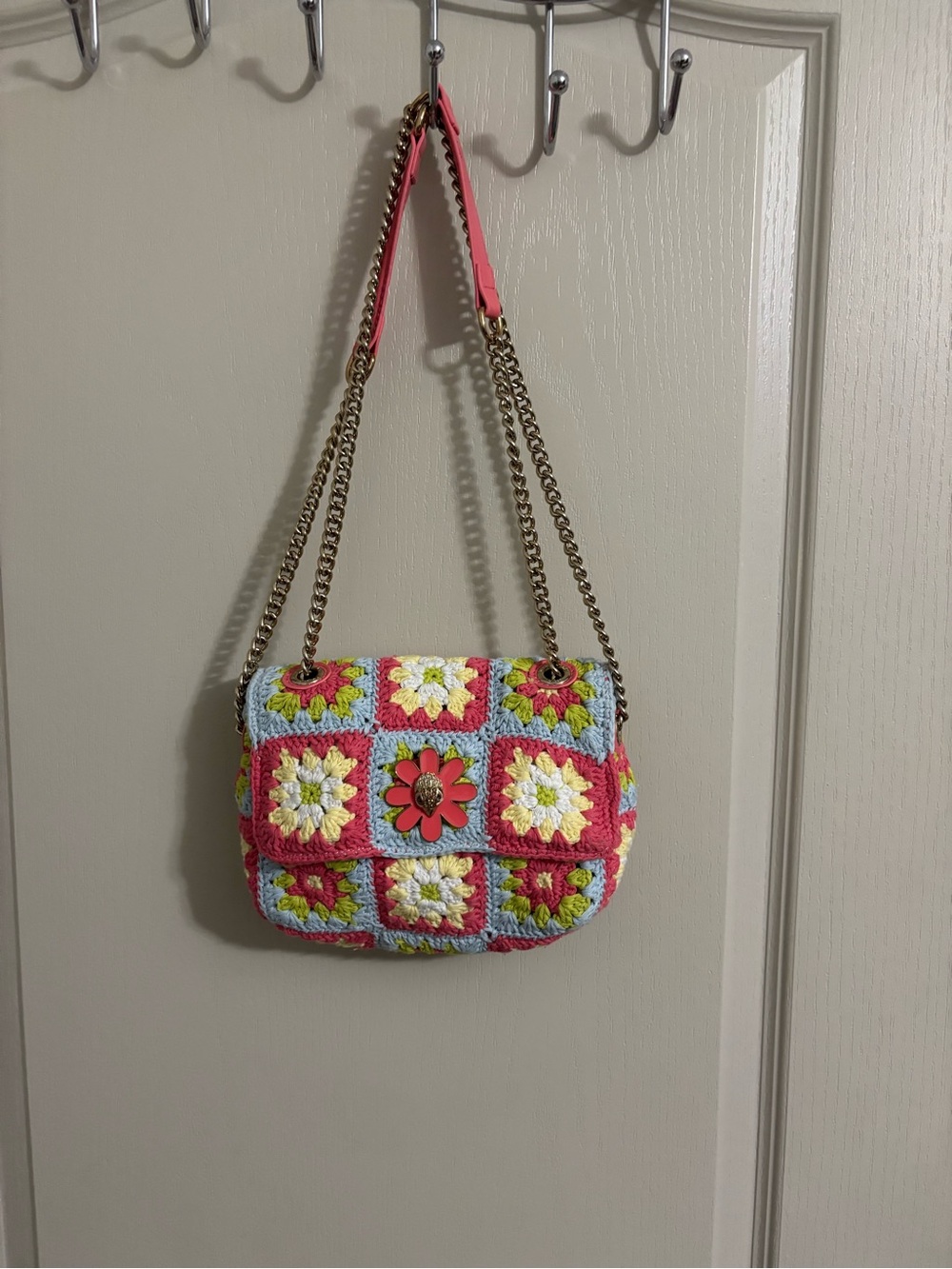 Kurt Geiger Crochet Floral Patch Shoulder Bag in Pink and Multi